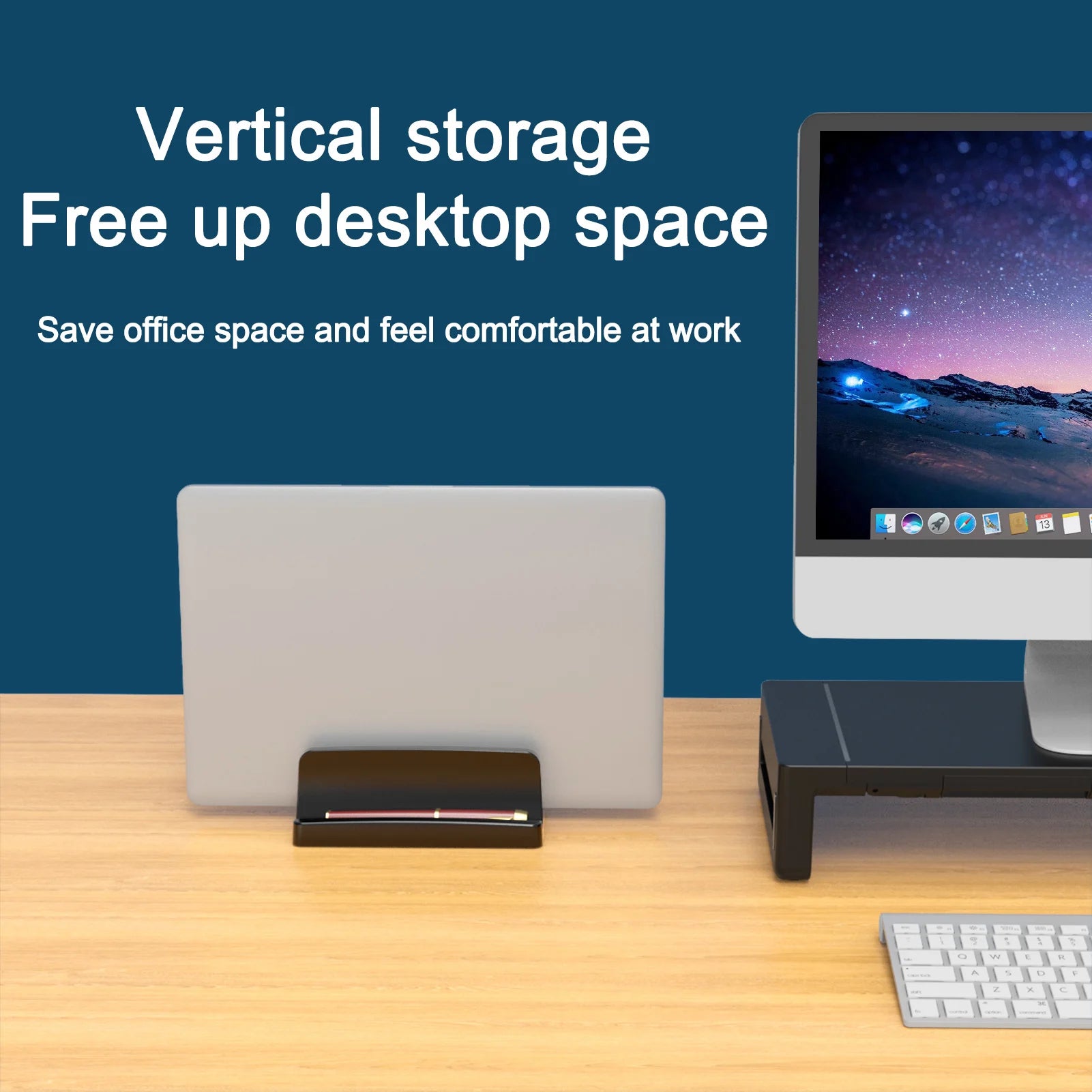 Vertical dock on a desk beside an external monitor