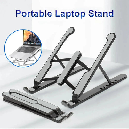 Aluminium laptop stand holding a laptop raised above the desk